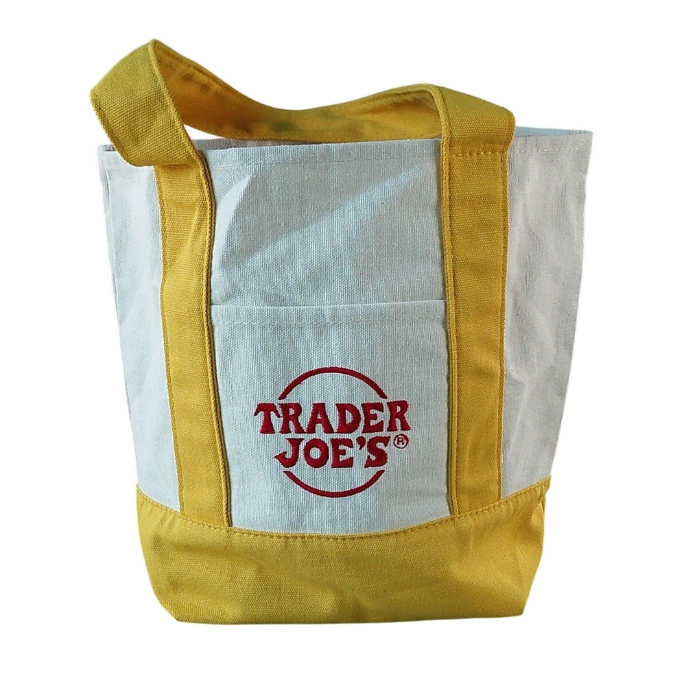 Trader Joe's Mini Canvas Tote Bag Yellow White Embroidered Logo Limited Edition